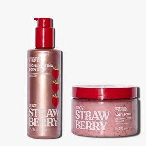 Pink VS Juicy Strawberry Highlighting Body Oil 8oz. & Body Scrub 10oz. Set